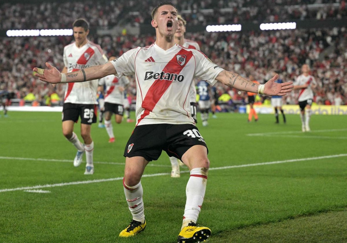 Mastantuono celebra un gol con River en la última Copa Libertadores